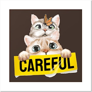 cat couple with yellow careful sign Posters and Art